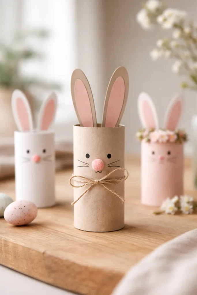 DIY Osterhasen aus Klopapierrollen als kreative Osterdeko aus Recyclingmaterial gebastelt auf Holztisch