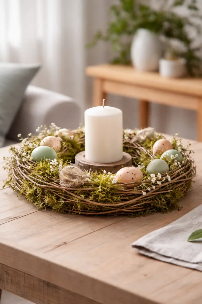 5 Osterdeko Bastelideen, die jeder zuhause umsetzen kann Osterdeko basteln: natürlicher Osterkranz aus Zweigen, Moos und Eiern als Tischdekoration zu Ostern