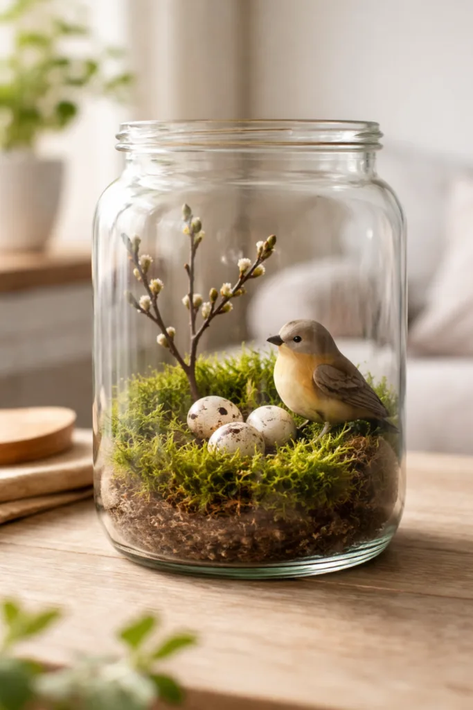 Gläser dekorieren Frühling: kleine Frühlingsszene im Glas mit Moos, Zweig und Wachteleiern auf Holztisch