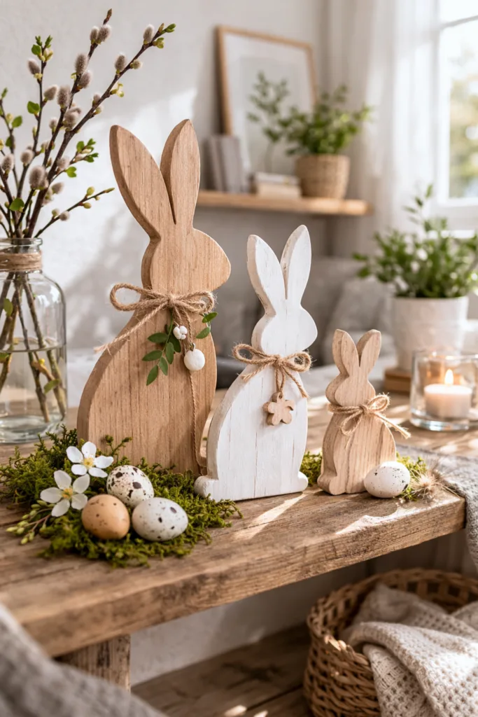 5 Osterdeko Bastelideen, die jeder zuhause umsetzen kann Osterhasen aus Holz als DIY Osterdeko für Fenster und Regale mit Moos und Ostereiern dekoriert