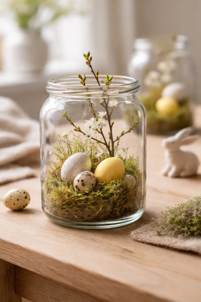 5 Osterdeko Bastelideen, die jeder zuhause umsetzen kann Osterdeko im Glas mit Moos und dekorativen Eiern als frühlingshafte DIY Tischdekoration für Ostern