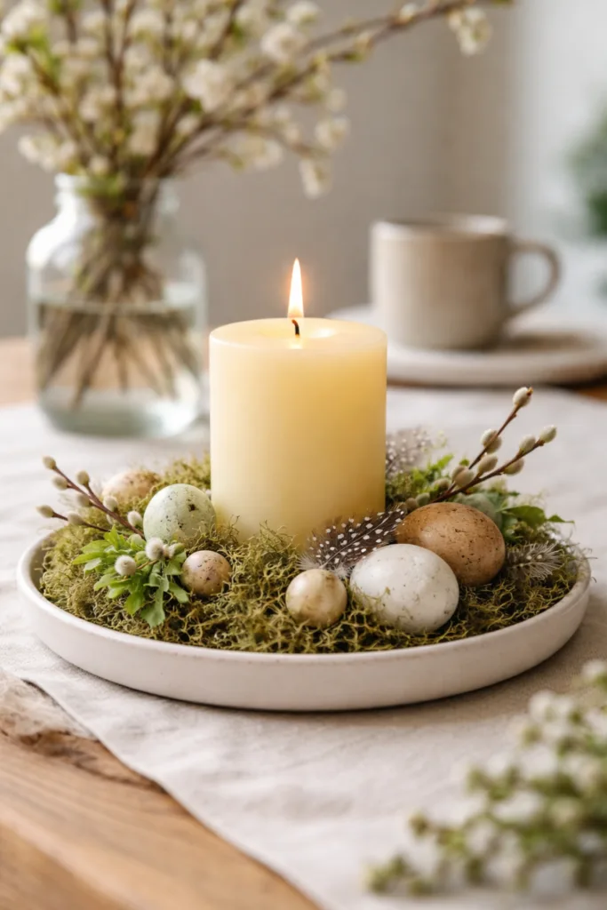 5 Osterdeko Bastelideen, die jeder zuhause umsetzen kann Kerzenhalter mit Osterdeko selbst gestalten mit Moos, Ostereiern und Frühlingszweigen auf dekorativem Teller