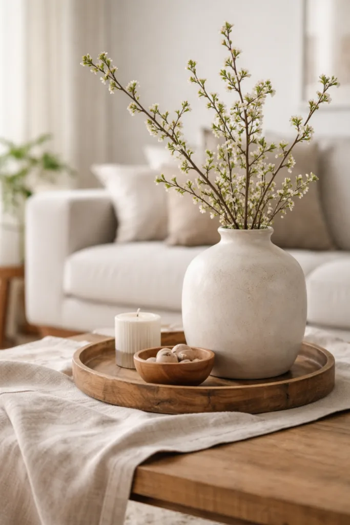 5 moderne Frühlingsdeko Ideen fürs Wohnzimmer (so wirkt es sofort heller) Moderne Frühlingsdeko im Wohnzimmer mit Keramikvase, Zweigen, Holztablett und natürlichen Materialien