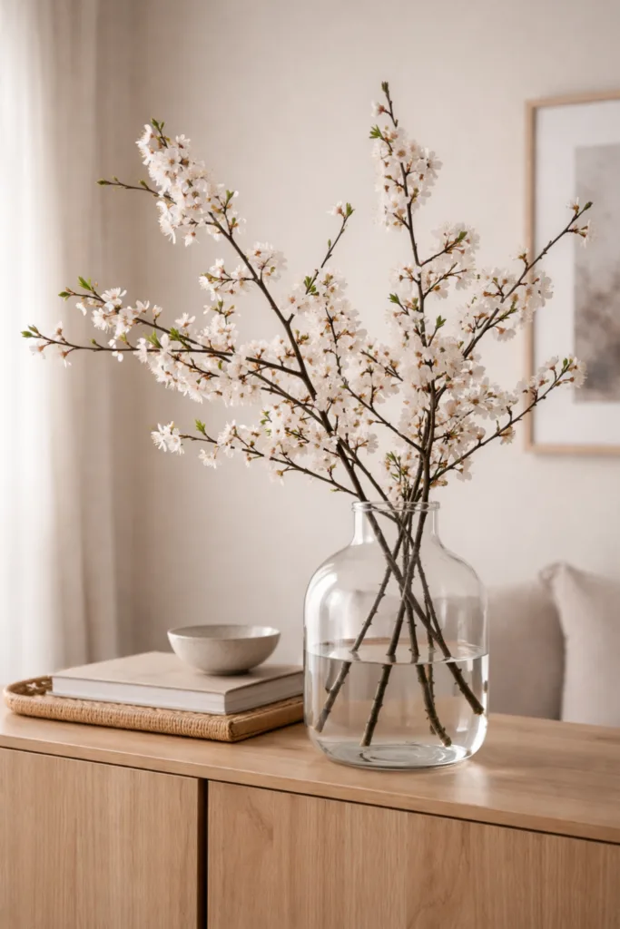 5 moderne Frühlingsdeko Ideen fürs Wohnzimmer (so wirkt es sofort heller) Moderne Frühlingsdeko im Wohnzimmer mit Kirschblütenzweigen in großer Glasvase auf Sideboard
