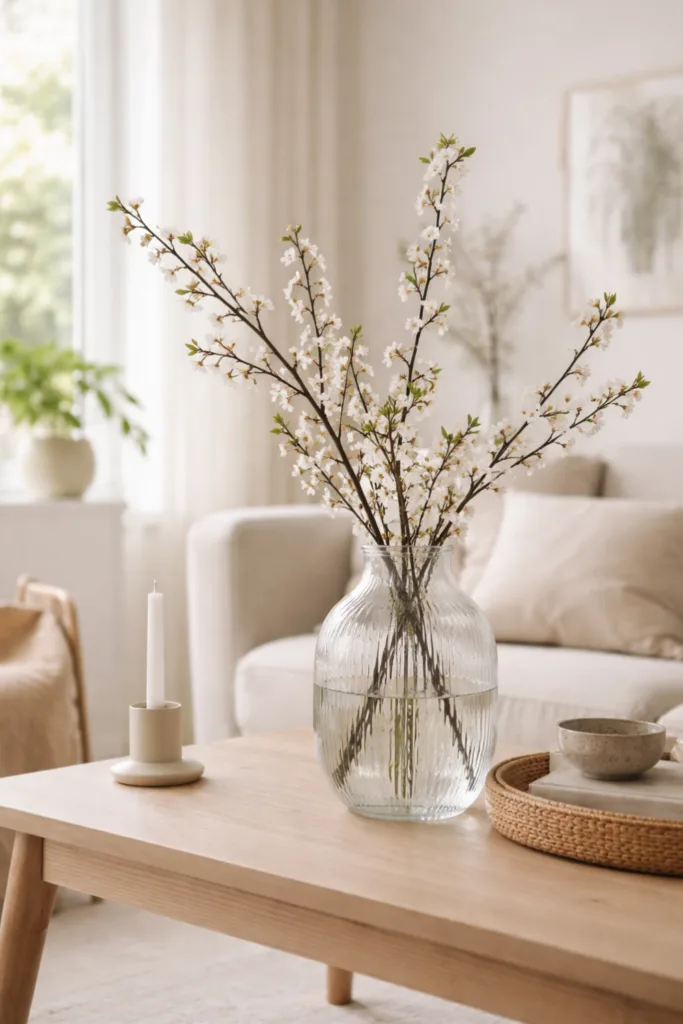 5 moderne Frühlingsdeko Ideen fürs Wohnzimmer (so wirkt es sofort heller) Helle Glasvase mit Frühlingszweigen auf Couchtisch bringt Licht und Transparenz ins Wohnzimmer.