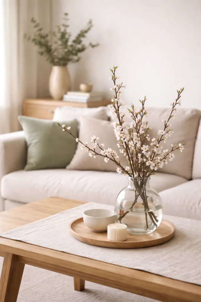 5 moderne Frühlingsdeko Ideen fürs Wohnzimmer (so wirkt es sofort heller) Moderne Frühlingsdeko im Wohnzimmer mit Vase, Zweigen und minimalistischer Couchtisch-Dekoration