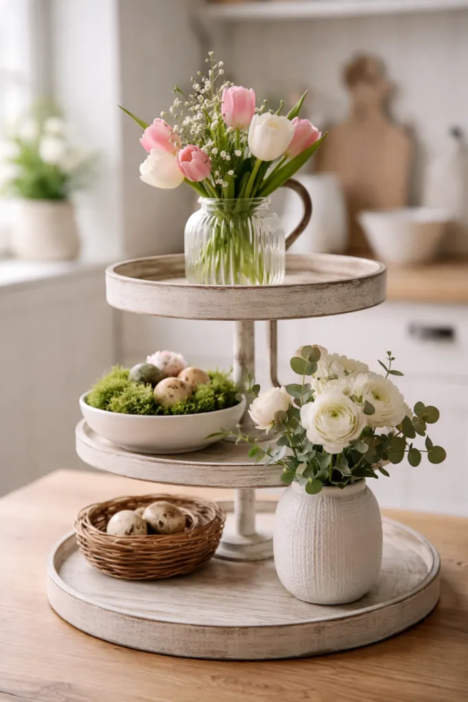 Etagere dekorieren Frühling mit Tulpen in Glasvase und natürlicher, heller Frühlingsdeko