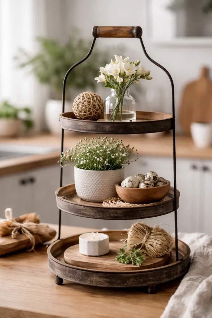 Etagere dekorieren Frühling mit Holz, Glas und Keramik in natürlicher Kombination auf mehreren Ebenen