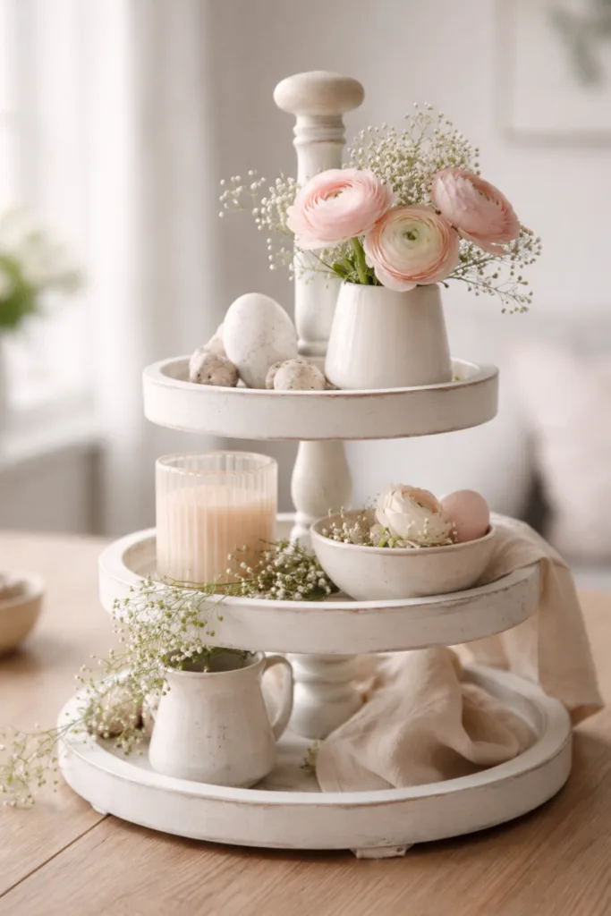 Etagere dekorieren Frühling mit Pastellfarben, Blumen und harmonischer Farbgestaltung im Wohnbereich