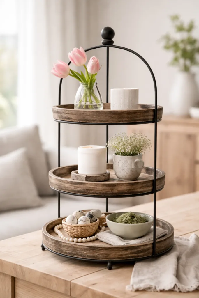 Etagere dekorieren Frühling mit Blumen, Kerzen und harmonischen Ebenen im Wohnzimmer
