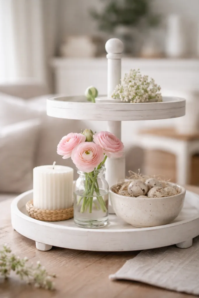 Etagere dekorieren Frühling mit Blumen, Kerze und natürlichen Materialien in ruhiger Szene