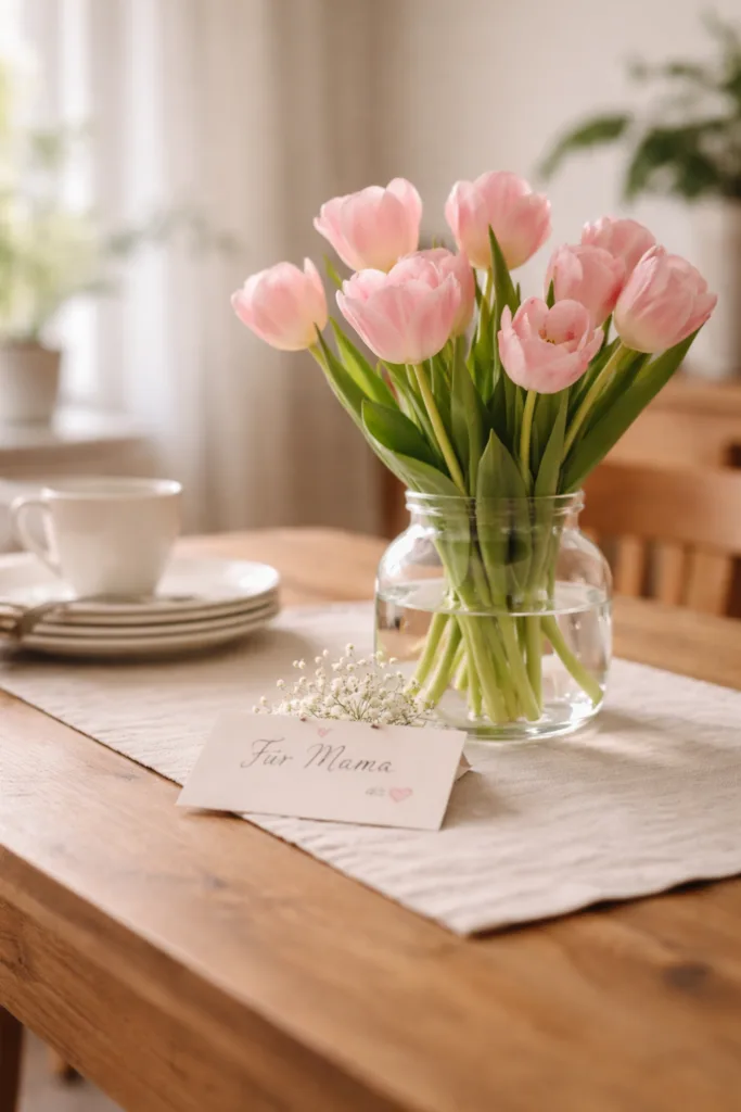 Muttertag Deko Tisch mit Tulpen, Karte und natürlicher Tischdekoration in ruhigem Stil