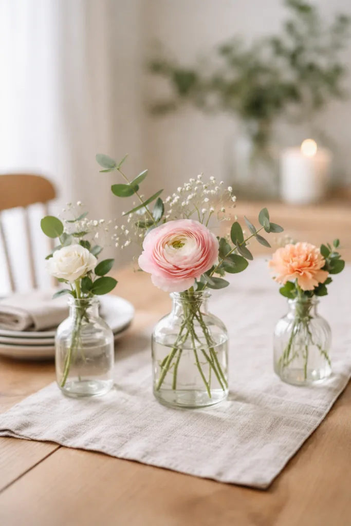 Muttertag Deko mit kleinen Vasen und Blumen auf Holztisch stilvoll arrangiert