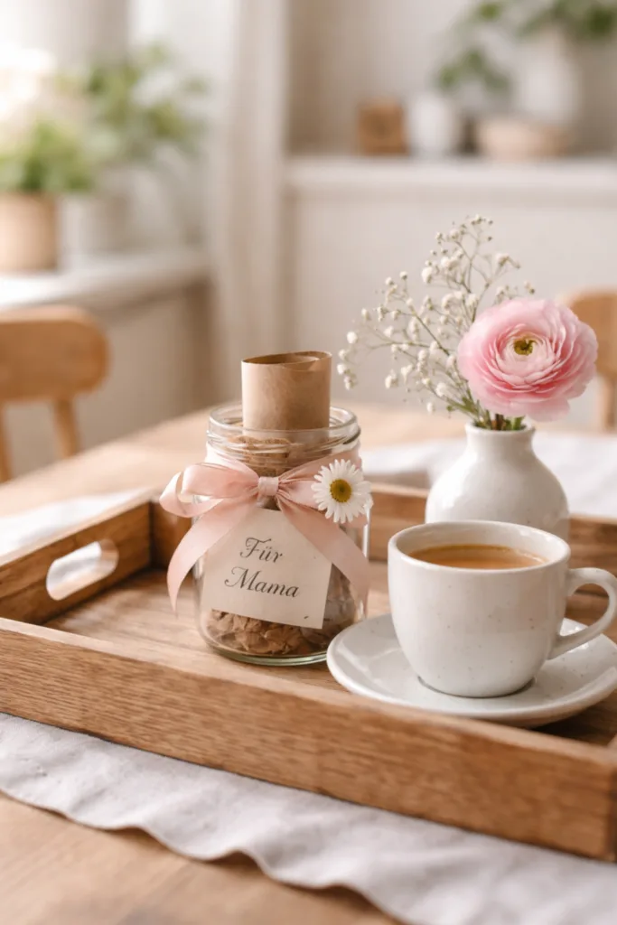 Muttertag Deko DIY Glas mit Nachricht, Blume und Kaffee auf Holztablett im natürlichen Stil