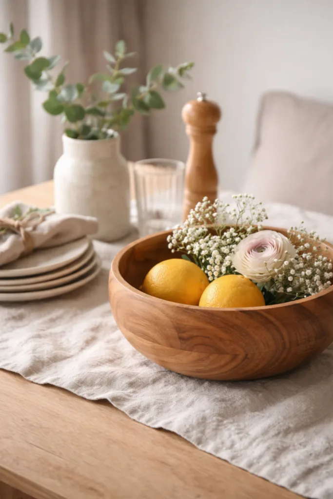 Muttertag Deko mit Holzschale, Blumen und Leinen für natürliche Raumwirkung