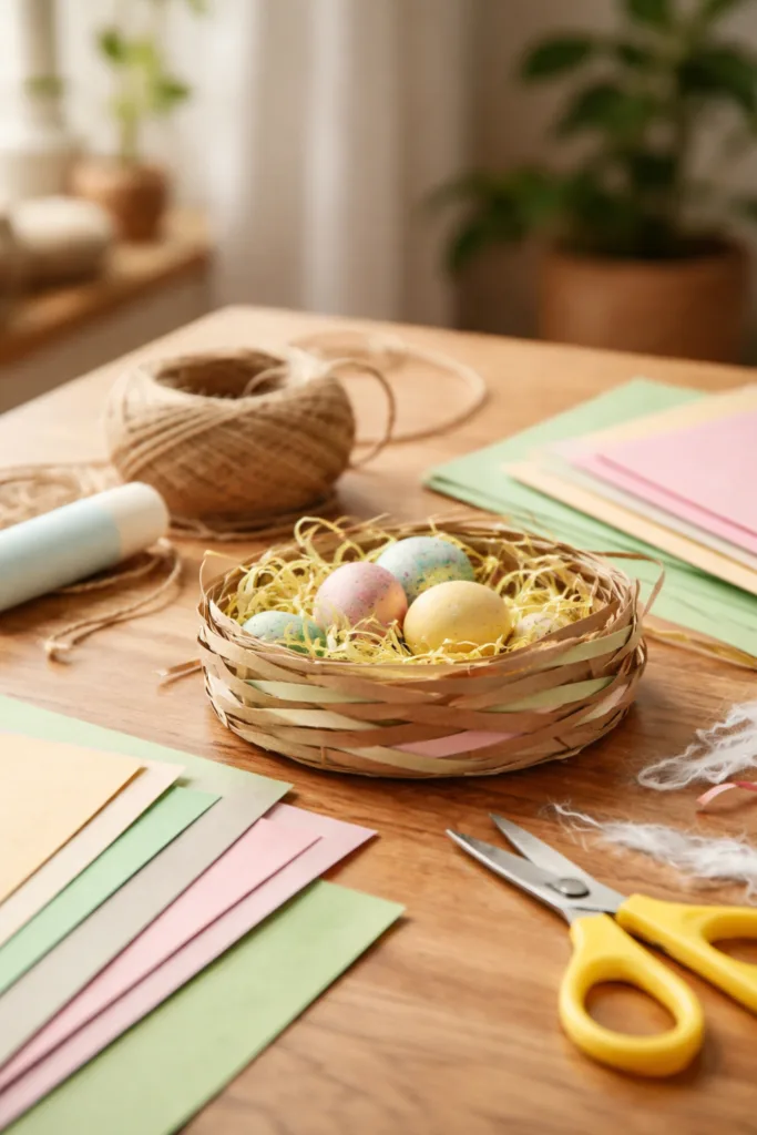 Osternest mit Kindern basteln: So bleibt es entspannt und kreativ Osternest basteln mit Kindern: einfache Materialien wie Papier, Wolle und Bastelkarton auf Holztisch