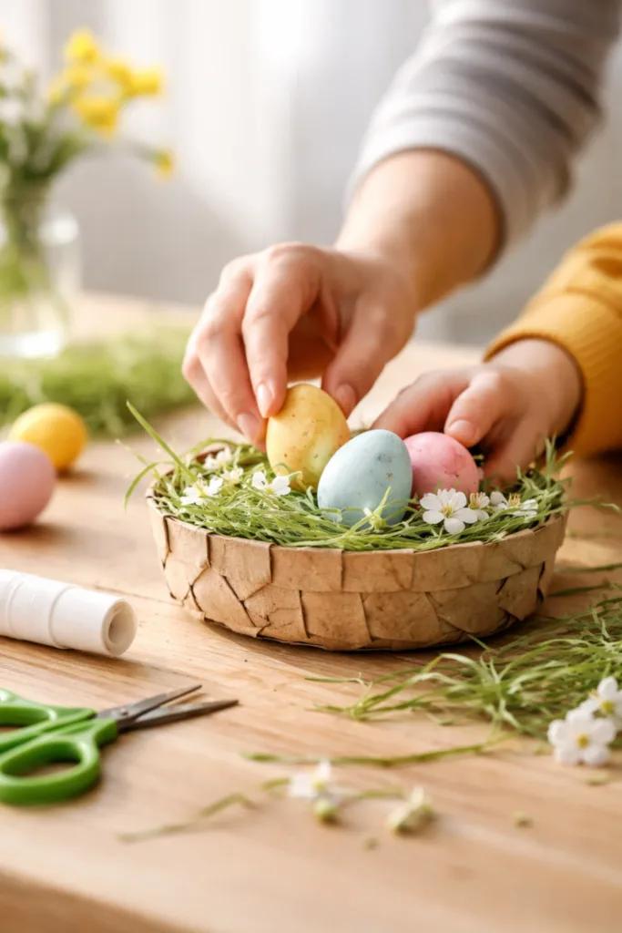 Osternest mit Kindern basteln: So bleibt es entspannt und kreativ Osternest basteln mit Kindern Schritt für Schritt mit Papier, Eiern und Naturmaterialien am Tisch