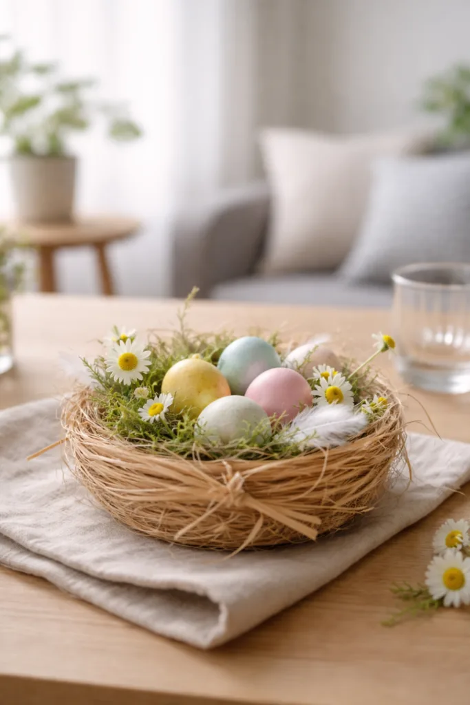 Osternest mit Kindern basteln: So bleibt es entspannt und kreativ Osternest basteln mit Kindern in Pastellfarben auf Holztisch, harmonische Osterdeko im Wohnraum