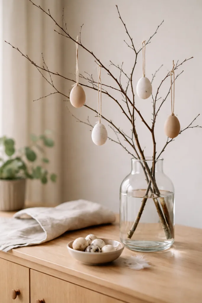 Osterstrauch Deko minimalistisch mit Birkenzweigen und natürlichen Ostereiern in Vase