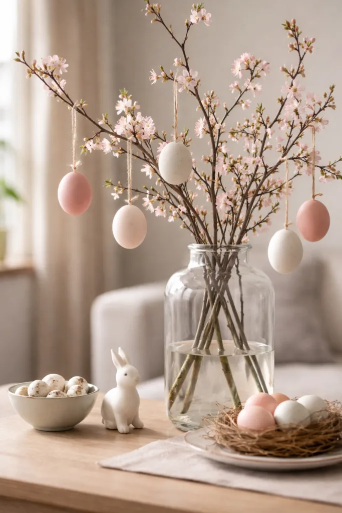 Farblich abgestimmter Osterstrauch mit rosa und weißen Eiern in Glasvase im Wohnzimmer
