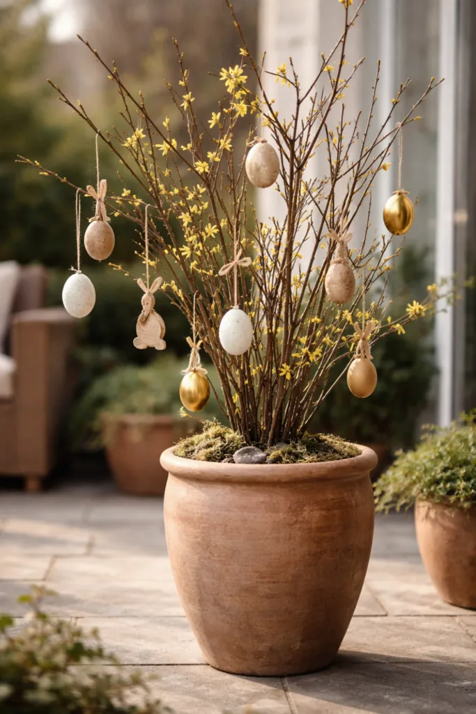 Osterstrauch Deko draußen im Topf mit wetterfester Osterdeko auf Terrasse im Frühling
