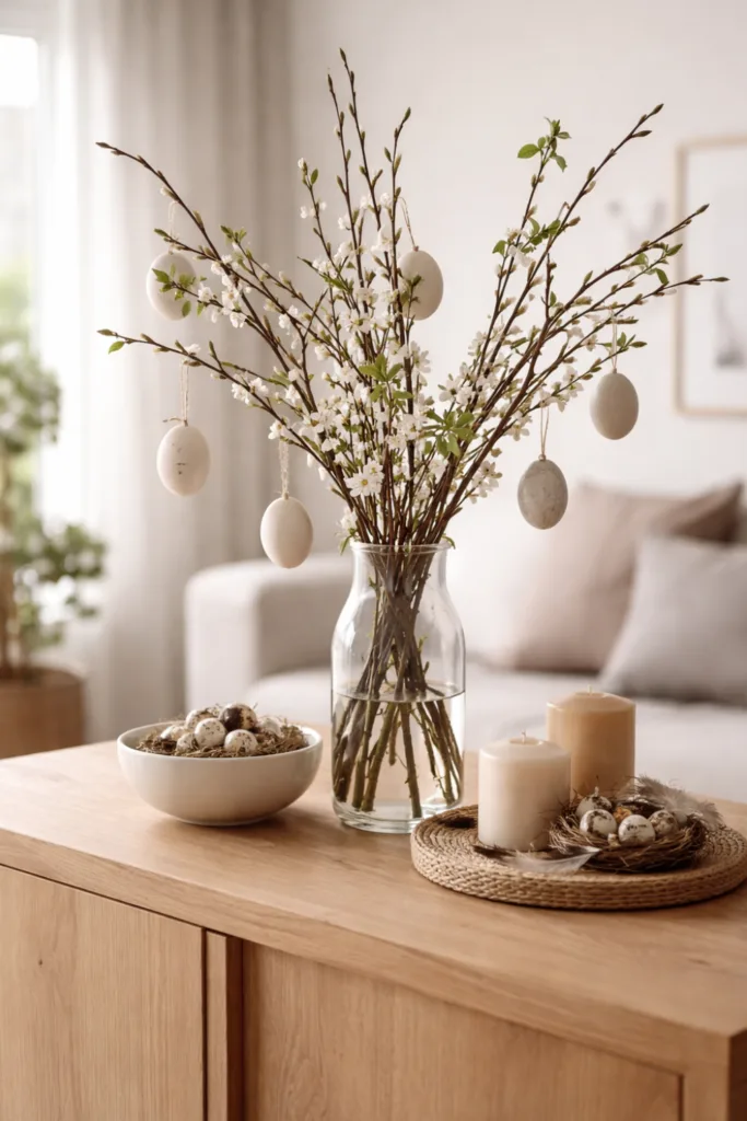 Osterstrauch Deko als Teil der Raumgestaltung auf Sideboard mit Naturmaterialien und Eiern