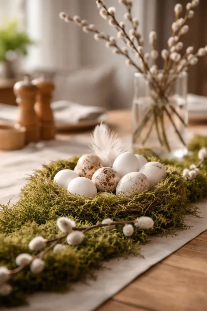 Tischdeko zu Ostern mit Moos, Eiern und Zweigen auf Holztisch dekoriert
