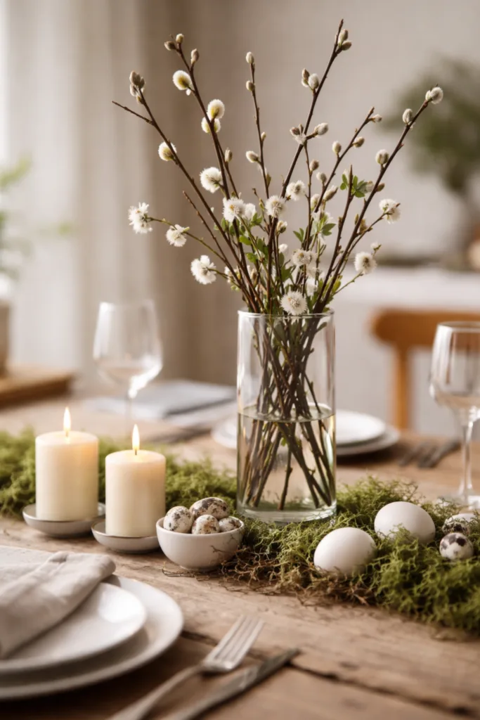 Tischdeko zu Ostern mit Höhe und Struktur durch Vase, Kerzen und Naturmaterialien stilvoll umgesetzt