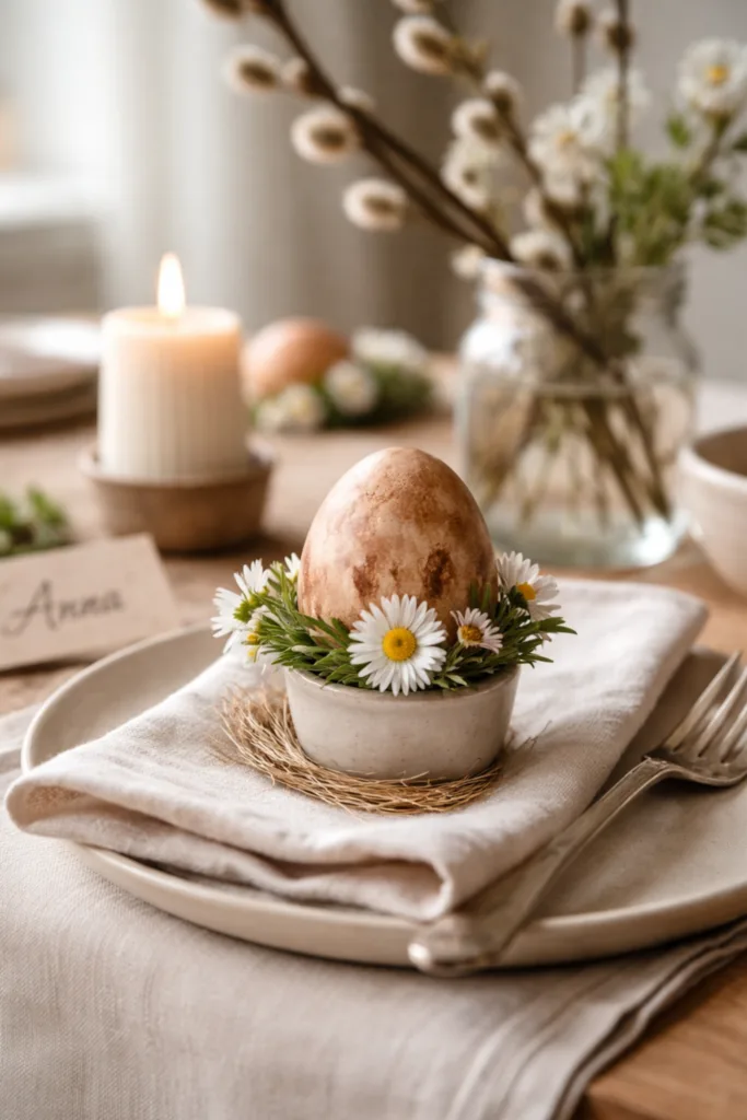 Tischdeko zu Ostern mit persönlichem Element, handgefärbtes Ei auf gedecktem Tisch mit natürlicher Deko