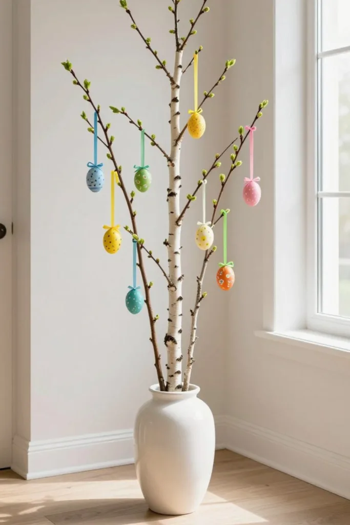 Osterdeko für den Flur – 5 schöne Ideen für den Eingangsbereich Osterdeko für den Flur mit Zweigen in Vase und bunten Ostereiern als Frühlingsdeko im Eingangsbereich