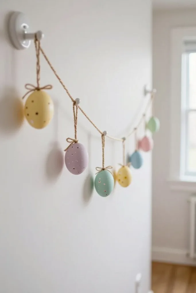 Osterdeko für den Flur – 5 schöne Ideen für den Eingangsbereich Osterdeko für den Flur mit hängender Eier Girlande aus Pastellfarben an der Wand dekoriert