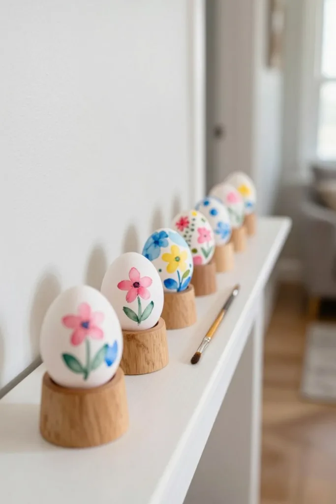 Osterdeko für den Flur – 5 schöne Ideen für den Eingangsbereich Osterdeko für den Flur mit handbemalten Ostereiern auf Holzhaltern als stilvolle Tischdekoration