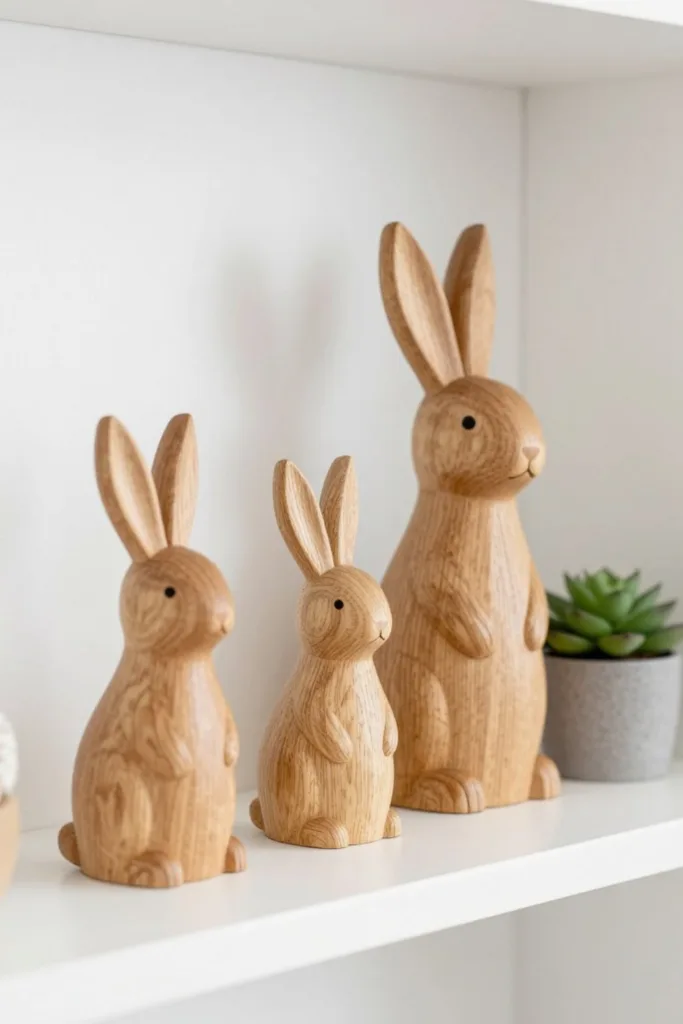 Osterdeko für den Flur – 5 schöne Ideen für den Eingangsbereich Osterdeko für den Flur mit dekorativen Holzhasen im Regal als natürliche Frühlingsdeko