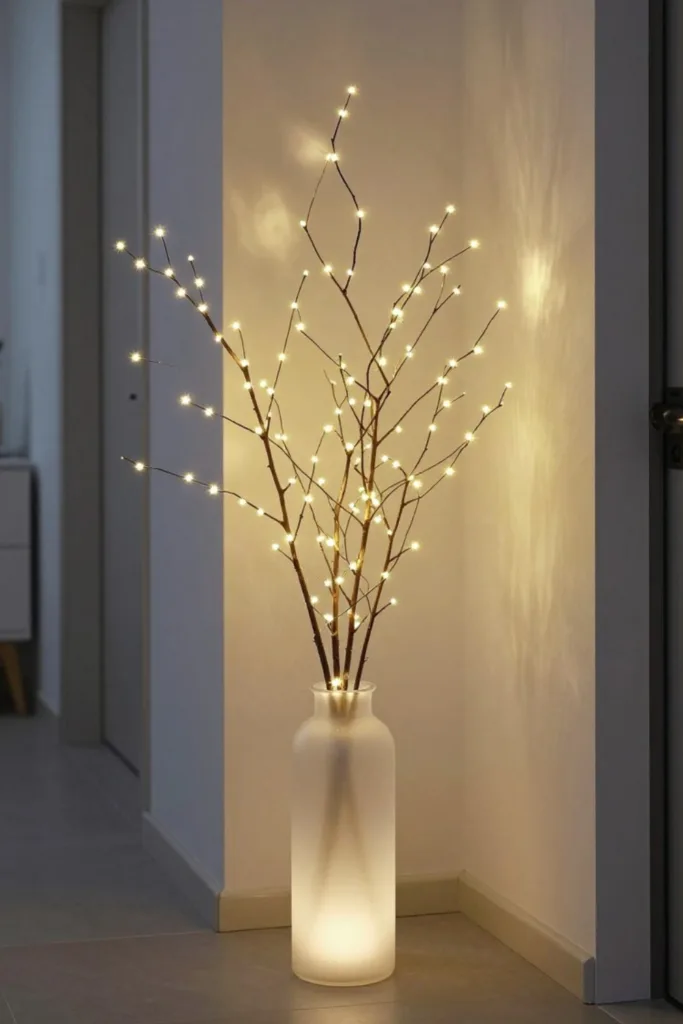 Osterdeko für den Flur – 5 schöne Ideen für den Eingangsbereich Osterdeko für den Flur mit Zweigen und warmem Licht in Vase als stimmungsvolle Beleuchtung