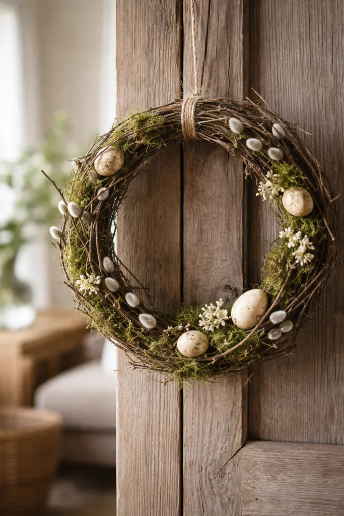 DIY Osterkranz aus Zweigen und Moos mit natürlichen Eiern an Holztür dekoriert