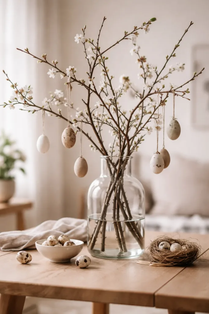 Osterdeko mit Ästen in Vase und hängenden Eiern aus Naturmaterialien, minimalistisch und natürlich dekoriert