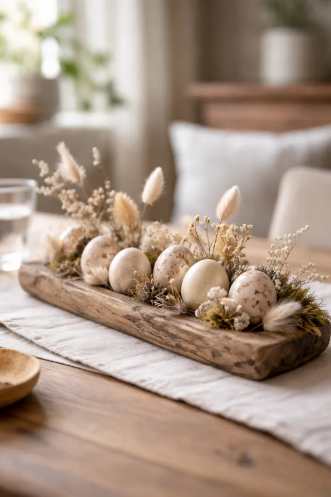 Natürliche Tischdeko mit Holzbrett, Ostereiern und Trockenblumen auf Esstisch arrangiert