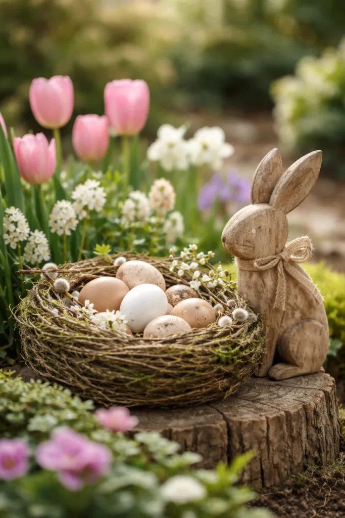 5 wunderschöne Ideen für deine Osterdeko im Garten Osterdeko im Garten mit Holzhasen und Nest natürlich im Frühlingsbeet integriert
