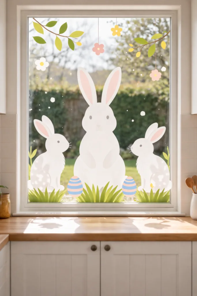 Osterdeko Fenster in offener Küche mit Hasenmotiven, Blumen und bunten Ostereiern als Frühlingsdekoration