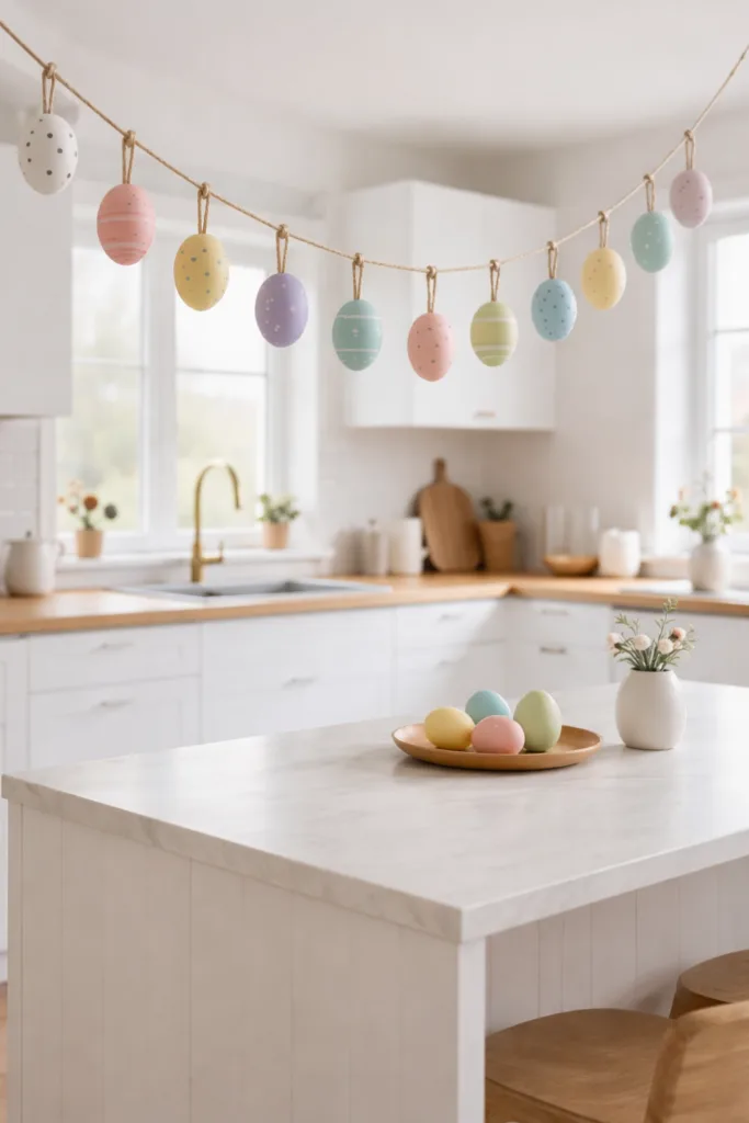 Osterdeko für offene Küche mit Eiergirlande über Kücheninsel und pastellfarbenen Ostereiern auf Tablett