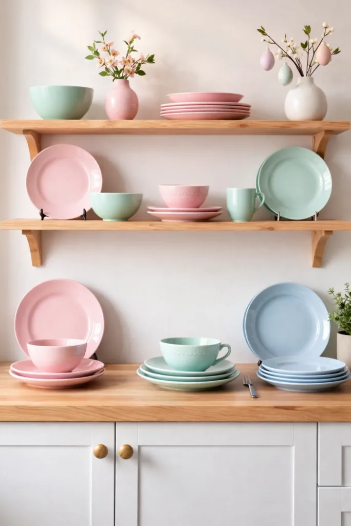 Osterdeko für eine offene Küche mit Pastellgeschirr, Holzregalen und frühlingshafter Küchen Dekoration.