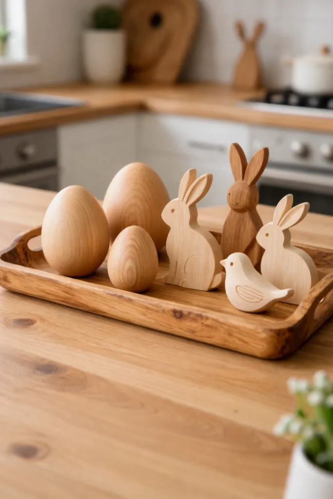 Osterdeko für offene Küche mit Holzhasen, Ostereiern und Tablett auf Kücheninsel in heller Frühlingsküche