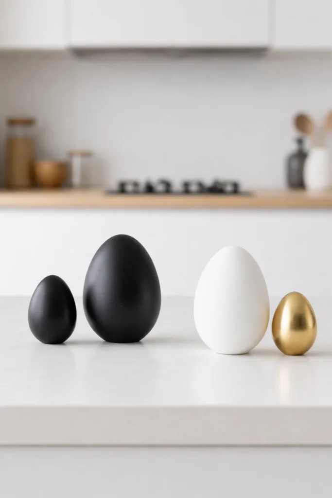 Minimalistische Osterdeko für offene Küche mit schwarzen, weißen und goldenen Ostereiern auf Arbeitsfläche