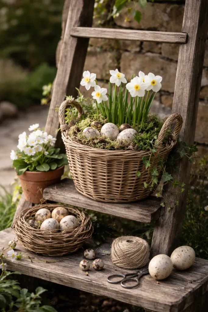 5 wunderschöne Ideen für deine Osterdeko im Garten Osterdeko im Garten mit Holzleiter, Weidenkorb, Narzissen und natürlichen Ostereiern
