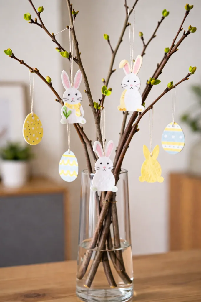 Osterdeko schnell gemacht mit dekorierten Zweigen, Hasenanhängern und bunten Ostereiern in Vase
