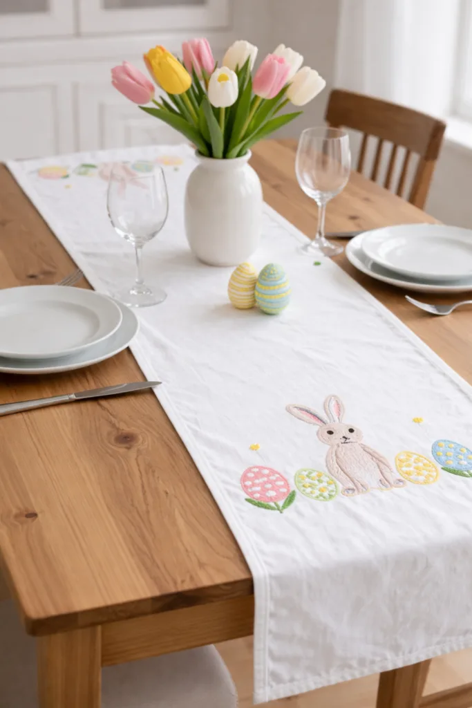 Osterdeko schnell gemacht: Ostertisch mit Tulpen, Tischläufer und bunten Ostereiern auf Holztisch