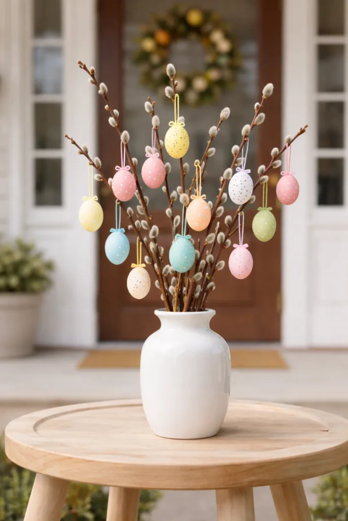 Osterdeko schnell gemacht mit Osterzweigen, bunten Ostereiern und Frühlingsdekoration im Eingangsbereich