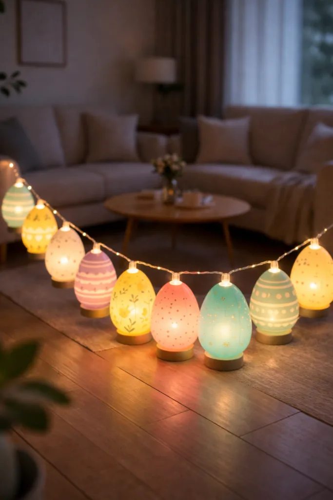 Osterdeko schnell gemacht mit Eier Lichterkette im Wohnzimmer für gemütliche Frühlingsstimmung