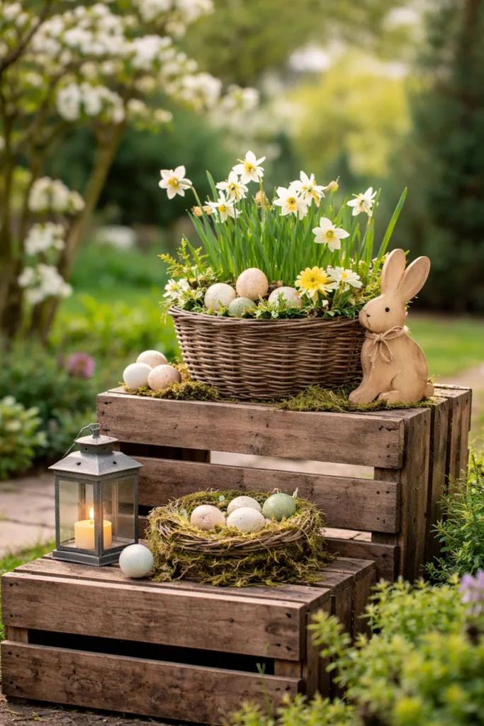 5 wunderschöne Ideen für deine Osterdeko im Garten Osterdeko im Garten mit Höhenstaffelung aus Holzkisten, Blumen und Osterhasenfigur