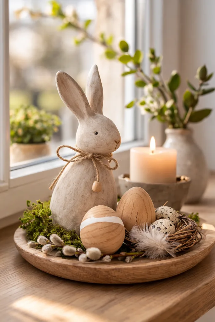 Fensterbank Osterdeko mit kleiner Ostergruppe aus Hase, Nest, Ostereiern und Kerze im Tageslicht
